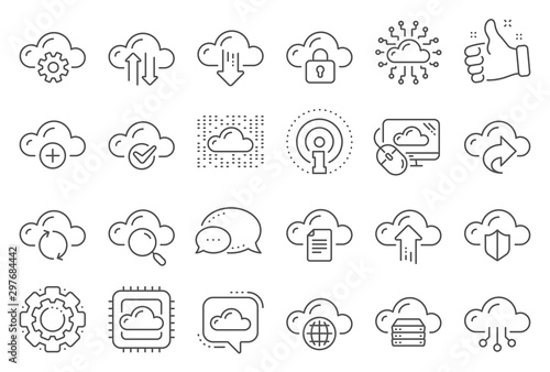 Cloud data and technology line icons. Set of Hosting, Computing data and File storage icons. Archive, Download, Share cloud files. Sync technology, Web server, Storage access. Line signs set. Vector