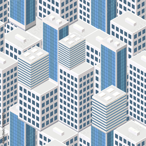 Seamless pattern isometric urban megalopolis top view of the city infrastructure town  street  houses  architecture 3d elements different buildings