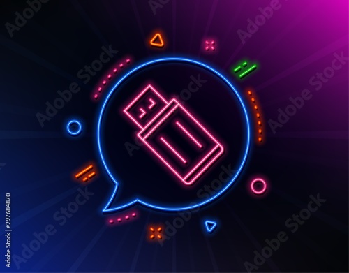 USB flash drive line icon. Neon laser lights. Memory stick sign. Portable data storage symbol. Glow laser speech bubble. Neon lights chat bubble. Banner badge with uSB flash icon. Vector