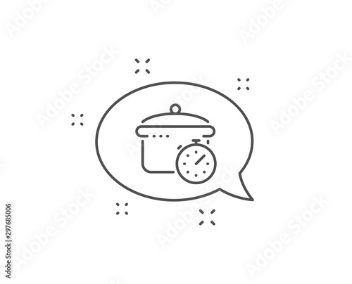 Boiling pan line icon. Chat bubble design. Cooking timer sign. Food preparation symbol. Outline concept. Thin line boiling pan icon. Vector