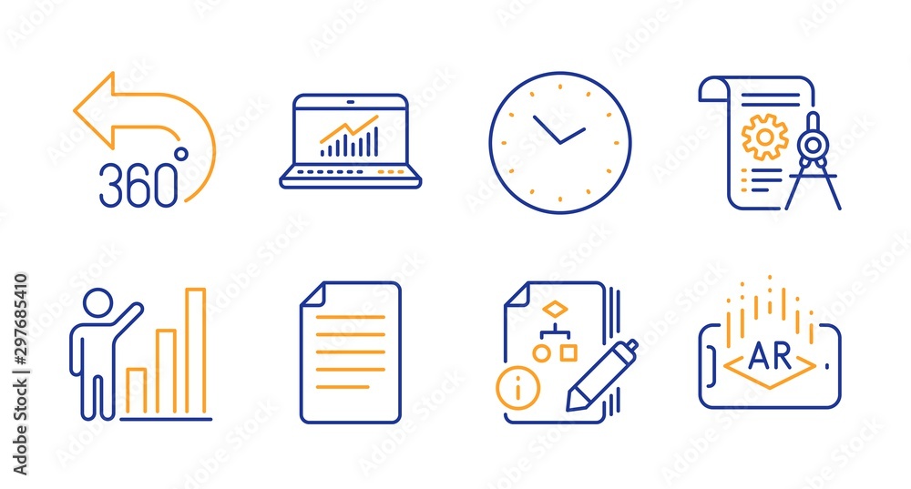 Time, 360 degrees and Divider document line icons set. Algorithm, File and Online statistics signs. Graph chart, Augmented reality symbols. Clock, Full rotation. Science set. Line time icon. Vector Time, 360 degrees and Divider document line icons set. Algorithm, File and Online statistics signs. Graph chart, Augmented reality symbols. Clock, Full rotation. Science set. Line time icon. Vector