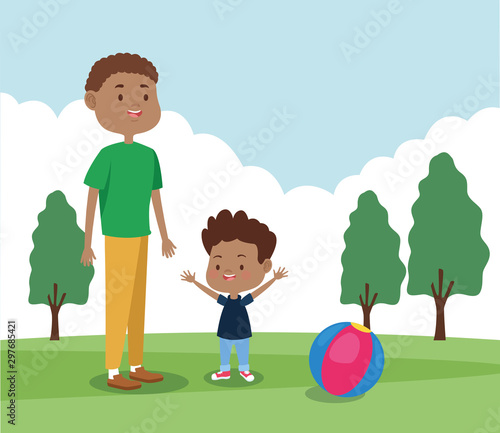 cartoon father and his son playing in the park