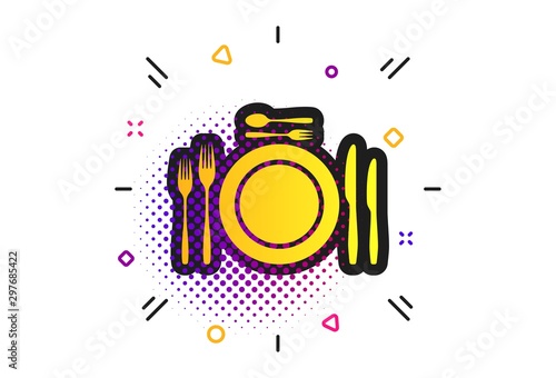 Plate dish with forks and knifes. Halftone dots pattern. Dessert trident fork with teaspoon. Eat sign icon. Cutlery etiquette rules symbol. Classic flat cutlery icon. Vector