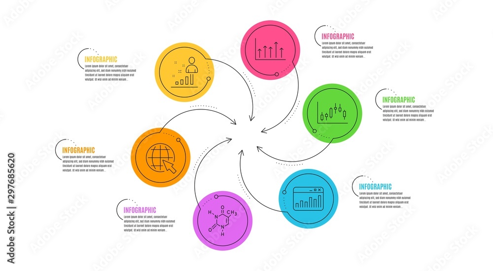 Fototapeta premium Internet, Marketing statistics and Candlestick graph line icons set. Infographic timeline. Growth chart, Stats and Chemical formula signs. World web, Web analytics, Finance chart. Upper arrows. Vector