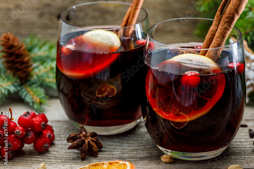 Mulled wine in glasses in Christmas surroundings