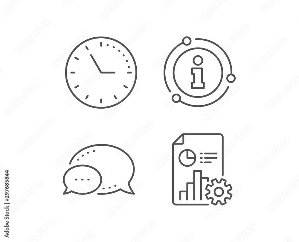 Report line icon. Chat bubble, info sign elements. Column graph, pie chart sign. Market analytics symbol. Linear report outline icon. Information bubble. Vector