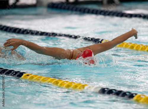 Swimmers competing at a swimming meet at a competition in South Texas
