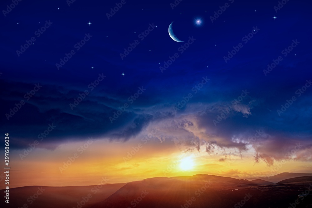 Beautifully summer landscape . Crescent moon with beautiful sunset background . Generous Ramadan . Light from sky . Religion background .