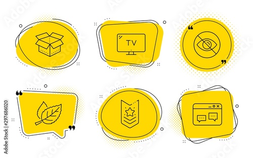 Shoulder strap, Tv and Browser window signs. Chat bubbles. Not looking, Leaf and Open box line icons set. Eye care, Nature leaves, Delivery package. Star rank. Business set. Vector