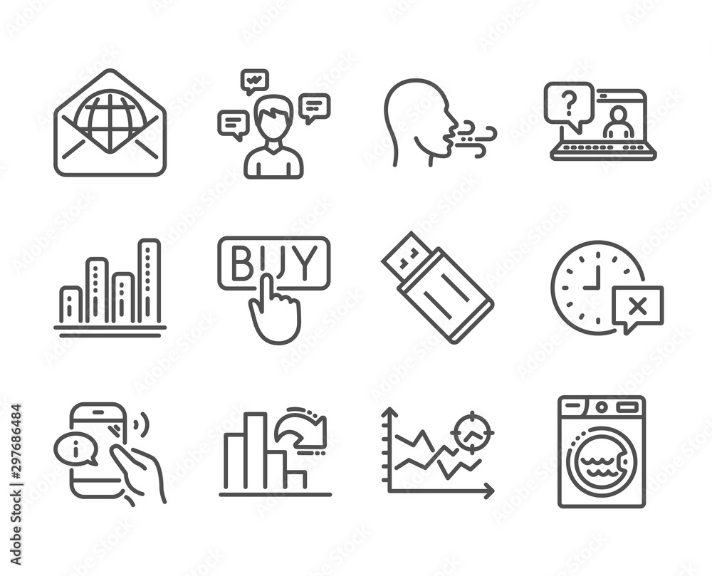 Set of Technology icons, such as Laundry, Conversation messages, Buying, Seo analysis, Breathing exercise, Call center, Decreasing graph, Usb flash, Faq, Web mail, Time, Graph chart. Vector Set of Technology icons, such as Laundry, Conversation messages, Buying, Seo analysis, Breathing exercise, Call center, Decreasing graph, Usb flash, Faq, Web mail, Time, Graph chart. Vector