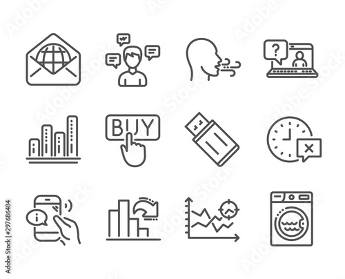 Set of Technology icons, such as Laundry, Conversation messages, Buying, Seo analysis, Breathing exercise, Call center, Decreasing graph, Usb flash, Faq, Web mail, Time, Graph chart. Vector