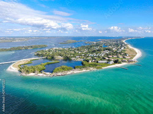 Aerial view of Longboat Key town and beaches in Manatee and Sarasota counties along the central west coast of the U.S. state of Florida,