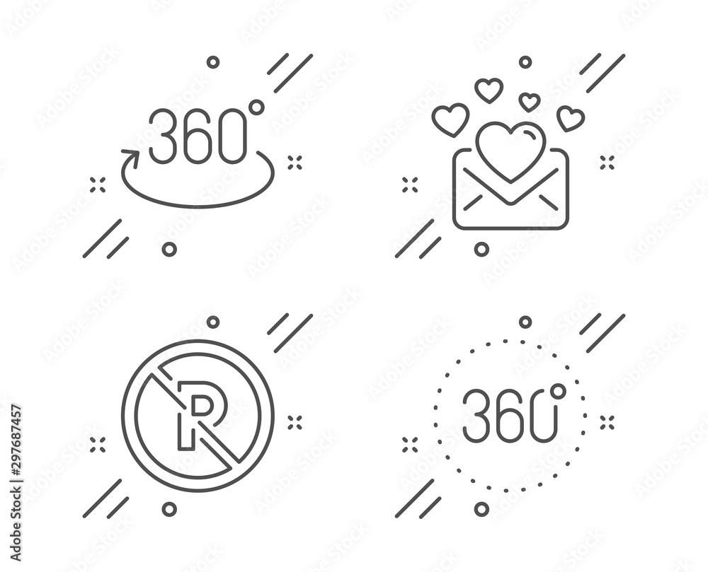Love mail, No parking and Full rotation line icons set. 360 degrees sign. Valentines letter, Car park, 360 degree. Panoramic view. Business set. Line love mail outline icon. Vector Love mail, No parking and Full rotation line icons set. 360 degrees sign. Valentines letter, Car park, 360 degree. Panoramic view. Business set. Line love mail outline icon. Vector
