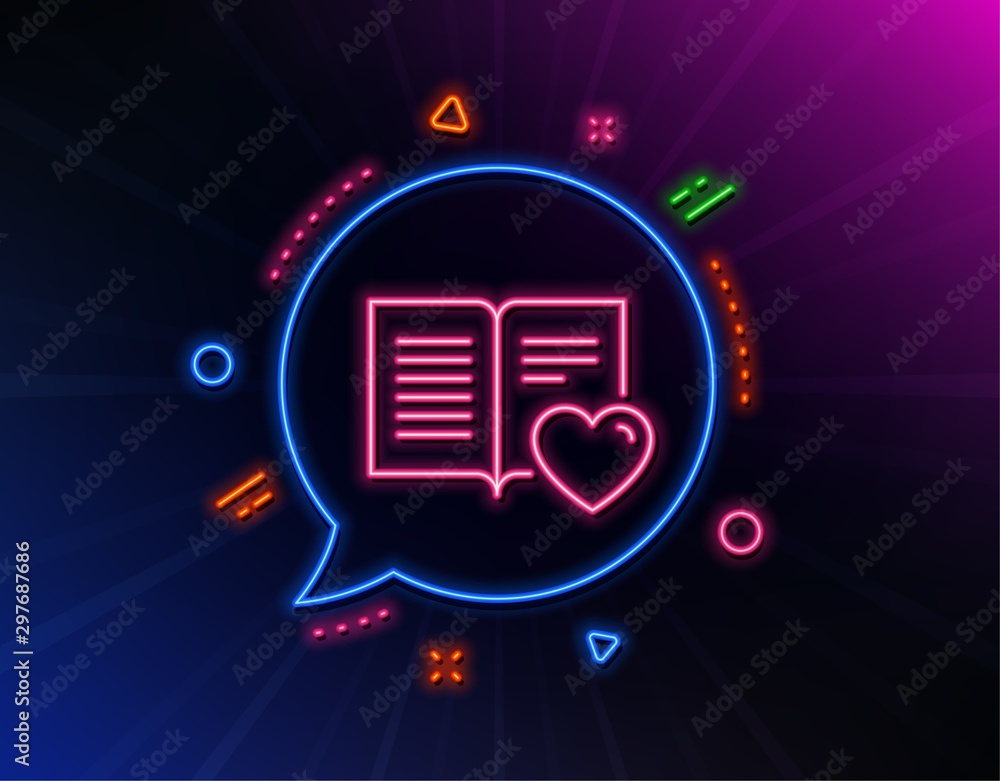 Love book line icon. Neon laser lights. Feedback sign. Customer satisfaction symbol. Glow laser speech bubble. Neon lights chat bubble. Banner badge with love book icon. Vector Love book line icon. Neon laser lights. Feedback sign. Customer satisfaction symbol. Glow laser speech bubble. Neon lights chat bubble. Banner badge with love book icon. Vector