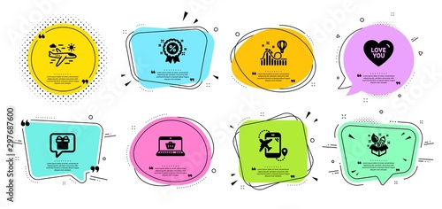 Creativity, Love you and Wish list line icons set. Chat bubbles with quotes. Online shopping, Roller coaster and Flight destination signs. Airplane travel, Discount symbols. Vector
