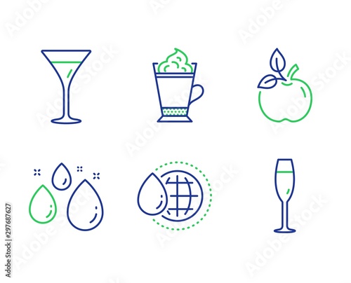 Eco food, Water drop and Latte coffee line icons set. Martini glass, World water and Champagne glass signs. Organic tested, Aqua, Hot drink with whipped cream. Wine. Food and drink set. Vector