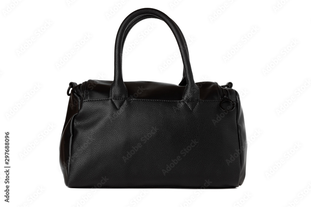 Black bag on a white background. Leather bag close-up isolated on a white background. Black bag on a white background. Leather bag close-up isolated on a white background.