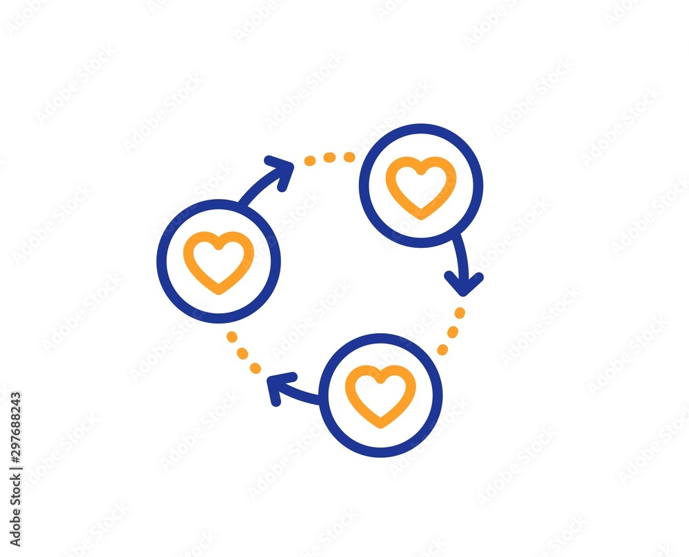 Friendship love sign. Friends community line icon. Assistance business symbol. Colorful outline concept. Blue and orange thin line friends community icon. Vector Friendship love sign. Friends community line icon. Assistance business symbol. Colorful outline concept. Blue and orange thin line friends community icon. Vector