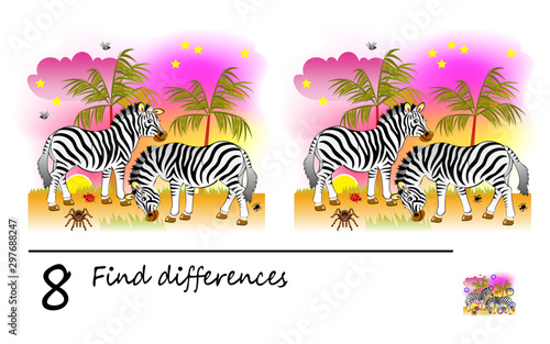 Find 8 differences. Logic puzzle game for children and adults. Printable page for kids brain teaser book. Image of two cute zebras in African desert. Developing counting skills. IQ training test.