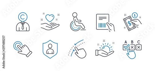 Set of People icons, such as Copyrighter, Payment method, Sunny weather, Touchscreen gesture, Parcel invoice, Disability, Swipe up, Security, Hold heart, Correct checkbox line icons. Vector