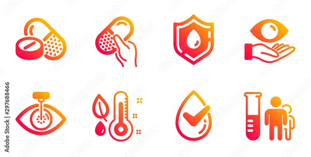Blood donation, Thermometer and Medical drugs line icons set. Health eye, Dermatologically tested and Capsule pill signs. Eye laser, Medical analyzes symbols. Medicine analyze, Grow plant. Vector