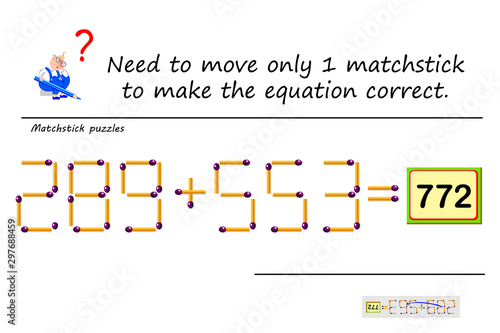 Logic puzzle game with matches. Need to move only 1 matchstick to make equation correct. Solve mathematical example. Printable page for math brain teaser book. Developing counting skills. IQ test. photo