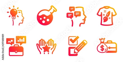 Checkbox, Business portfolio and Messages line icons set. Idea, T-shirt design and Ranking signs. Chemistry lab, Salary symbols. Survey choice, Job interview. Education set. Vector