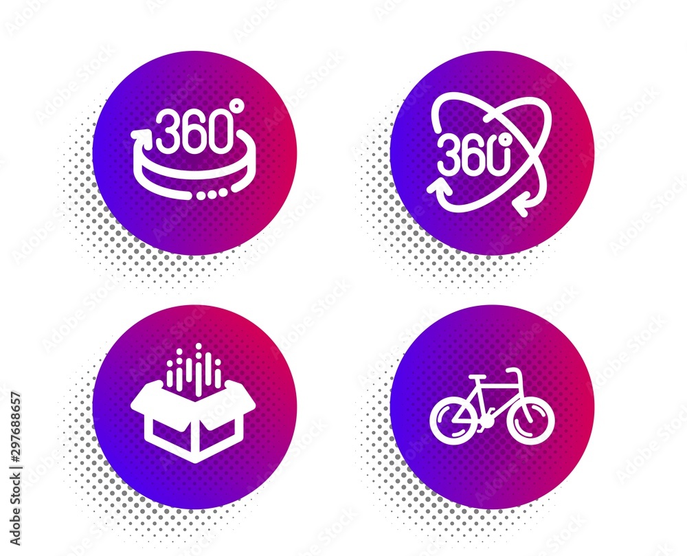 Full rotation, 360 degrees and Open box icons simple set. Halftone dots button. Bicycle sign. 360 degree, Full rotation, Delivery package. Bike. Business set. Classic flat full rotation icon. Vector
