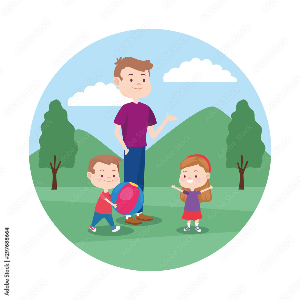happy man with his kids, colorful design