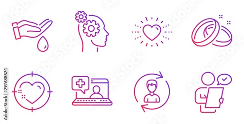 Heart, Medical help and Wash hands line icons set. Heart target, Human resources and Wedding rings signs. Thoughts, Customer survey symbols. Love, Medicine laptop. People set. Vector