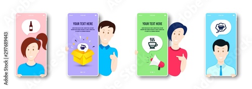 Doppio, Coffeepot and Beer bottle icons simple set. People on phone screen. Coffee cup sign. Coffee drink, Craft beer, Think bubble. Food and drink set. People chatting cartoon badge. Vector