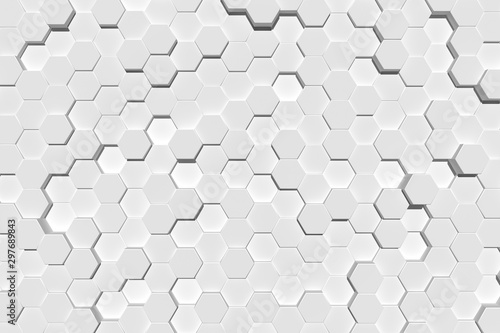 Decorative background of texture with white hexagons. Decorative relief background based on the geometric shape of the hexagon