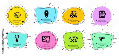 Dishwasher timer, Chemistry lab and Hair dryer line icons set. Chat bubbles with quotes. Winner medal, Scroll down and No internet signs. Like photo, Rfp symbols. Cleaning dishes, Laboratory. Vector