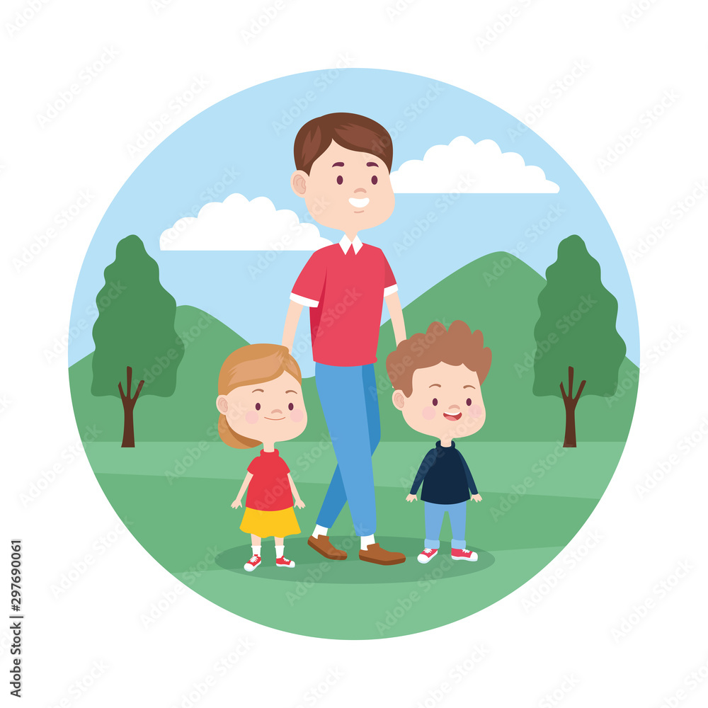 cartoon man with his kids, colorful design