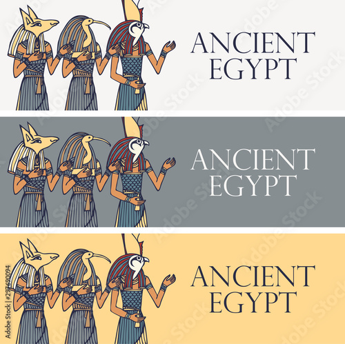 Set of vector banners with Egyptian gods and deities - Anubis, Thoth, Horus. Advertising posters or flyers for travel agency with words Ancient Egypt.