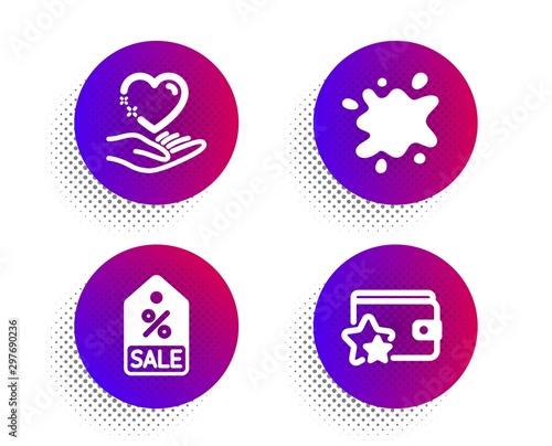 Hold heart, Sale coupon and Dirty spot icons simple set. Halftone dots button. Loyalty program sign. Care love, Discount tag, Laundry service. Bonus wallet. Business set. Vector