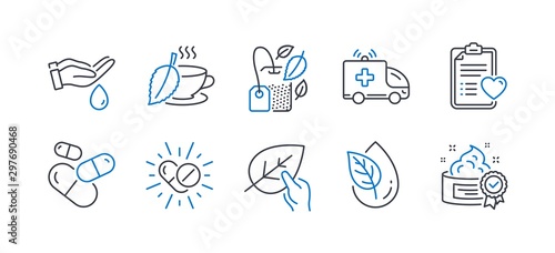 Set of Healthcare icons, such as Ambulance car, Wash hands, Mint tea, Organic product, Capsule pill, Patient history, Organic tested, Mint bag, Medical drugs, Cream line icons. Vector