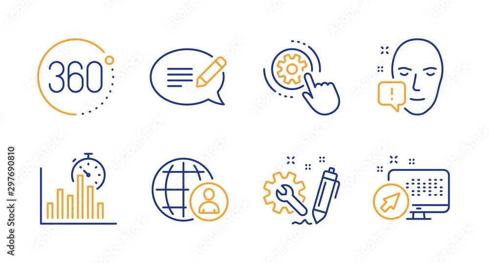 Face attention, Cogwheel settings and Engineering line icons set. Message, International recruitment and 360 degrees signs. Report timer, Web system symbols. Line face attention icon. Vector Face attention, Cogwheel settings and Engineering line icons set. Message, International recruitment and 360 degrees signs. Report timer, Web system symbols. Line face attention icon. Vector