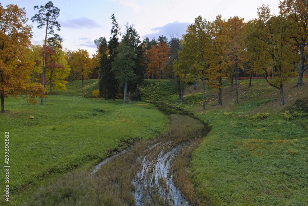 The river flows along the bottom of a ravine with a slope in the park. Awesome autumn background.