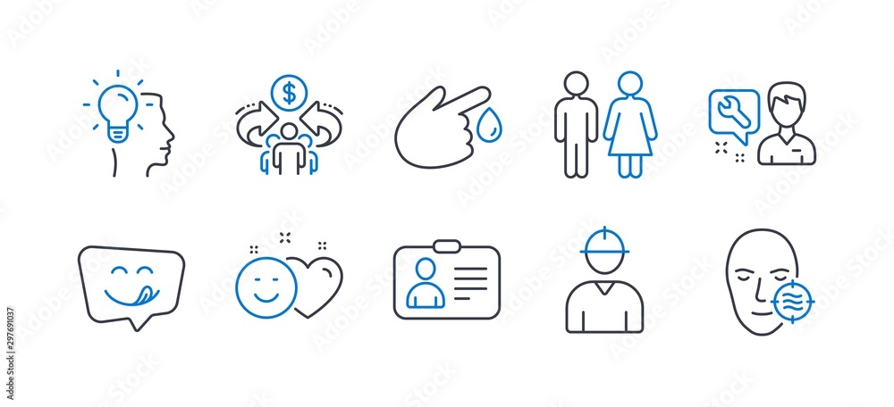 Set of People icons, such as Repairman, Blood donation, Idea, Yummy smile, Restroom, Id card, Sharing economy, Engineer, Smile, Problem skin line icons. Repair service, Injury. Vector