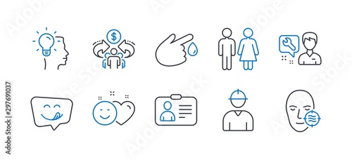 Set of People icons, such as Repairman, Blood donation, Idea, Yummy smile, Restroom, Id card, Sharing economy, Engineer, Smile, Problem skin line icons. Repair service, Injury. Vector