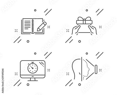 Seo timer, Feedback and Give present line icons set. Face id sign. Analytics, Book with pencil, Receive a gift. Phone scanning. Business set. Line seo timer outline icon. Vector
