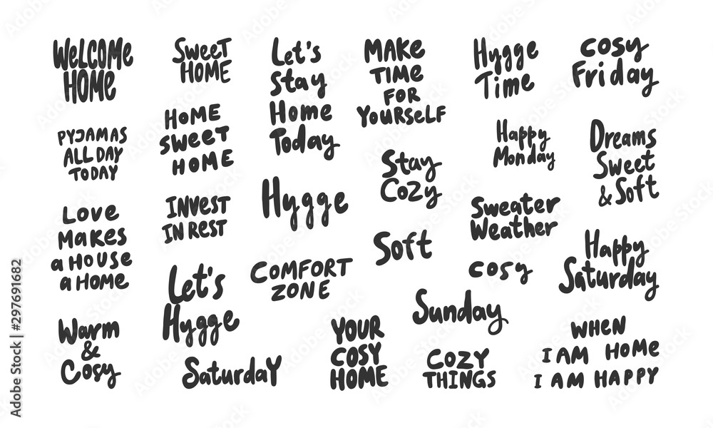 Hygge, cozy, comfort, cozy, time, sweet, soft, weekend, warm, home. Sticker collection set for social media content. Vector hand drawn illustration design. 