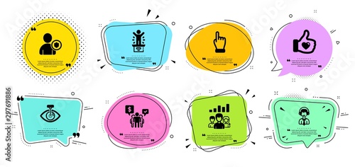 Eye laser, Click hand and Teamwork line icons set. Chat bubbles with quotes. Security, Winner podium and Teamwork results signs. Like hand, Shipping support symbols. Vector