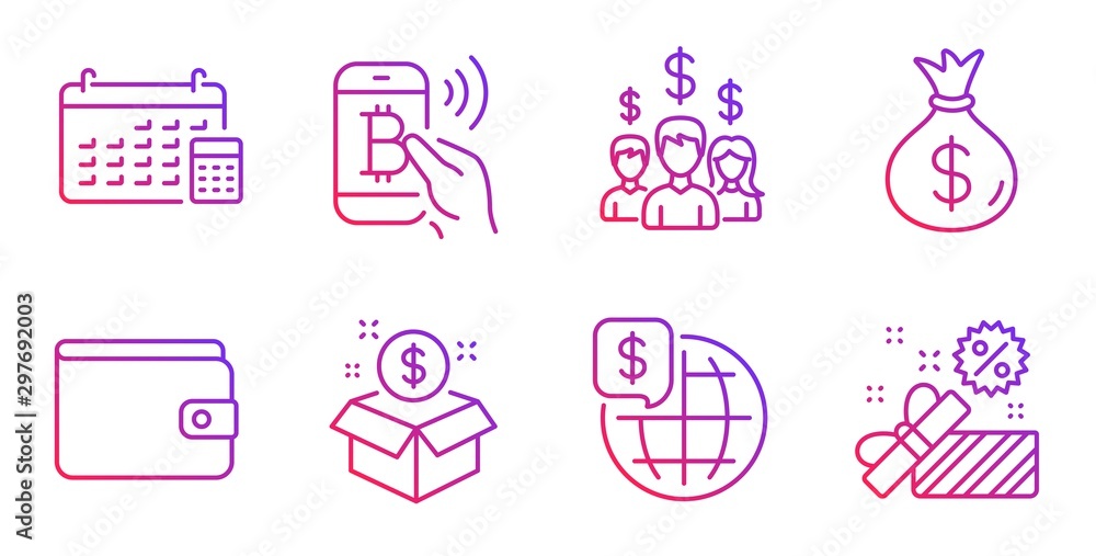 Salary employees, World money and Money wallet line icons set. Post package, Calendar and Bitcoin pay signs. Sale symbol. People earnings, Global markets. Finance set. Vector Salary employees, World money and Money wallet line icons set. Post package, Calendar and Bitcoin pay signs. Sale symbol. People earnings, Global markets. Finance set. Vector