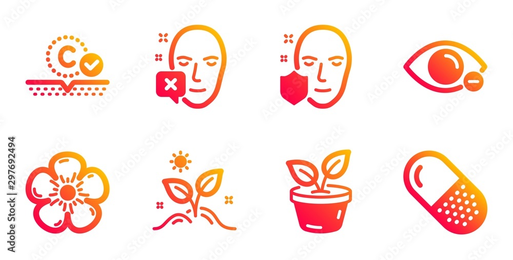 Grow plant, Natural linen and Collagen skin line icons set. Leaves, Face protection and Face declined signs. Myopia, Capsule pill symbols. Leaves, Organic tested. Healthcare set. Vector