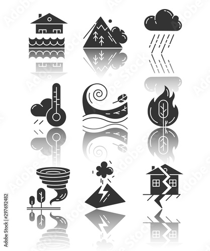 Natural disaster drop shadow black glyph icons set. Сatastrophes. Earthquake, wildfire, tsunami, tornado, avalanche, flood, downpour, volcanic eruption. Isolated vector illustrations