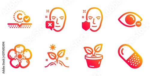 Grow plant, Natural linen and Collagen skin line icons set. Leaves, Face protection and Face declined signs. Myopia, Capsule pill symbols. Leaves, Organic tested. Healthcare set. Vector