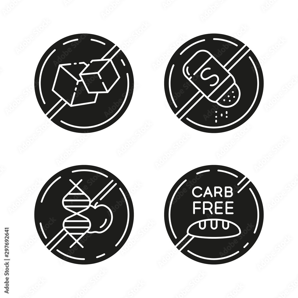 Product free ingredient glyph icons set. No sugar, salt, gmo, carb. Organic food, healthy eating. Dietary without allergens and sweeteners. Silhouette symbols. Vector isolated illustration Product free ingredient glyph icons set. No sugar, salt, gmo, carb. Organic food, healthy eating. Dietary without allergens and sweeteners. Silhouette symbols. Vector isolated illustration