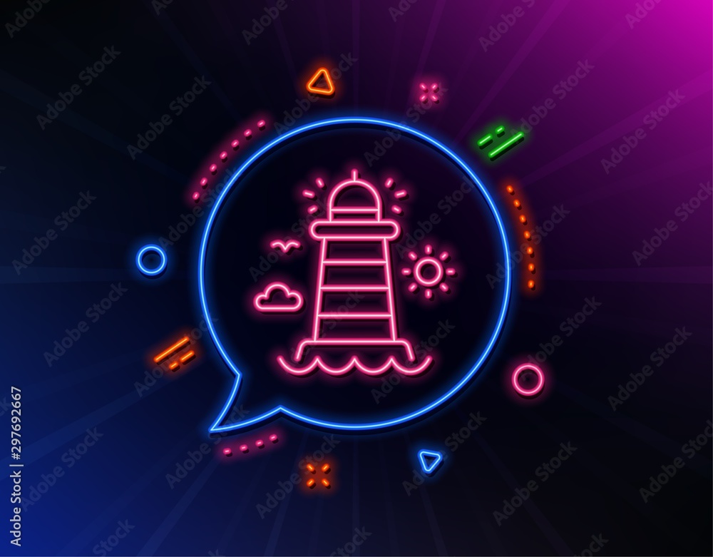 Lighthouse line icon. Neon laser lights. Beacon tower sign. Searchlight building symbol. Glow laser speech bubble. Neon lights chat bubble. Banner badge with lighthouse icon. Vector